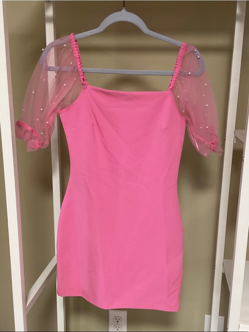 Pink Mini Dress with Sheer Pearl-Embellished Puff Sleeves